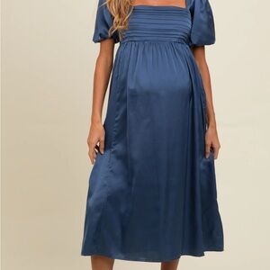 Blue Satin Pleated Bodice Puff Sleeve Maternity Midi Dress